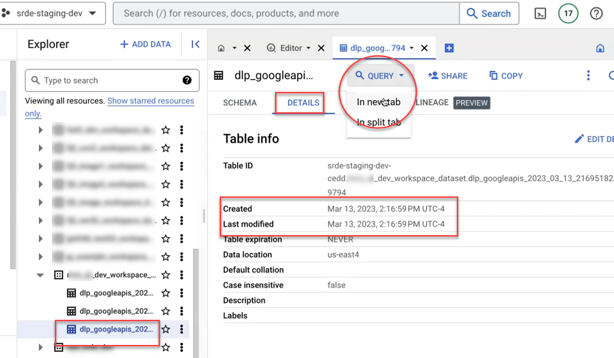 Big Query exporter tab