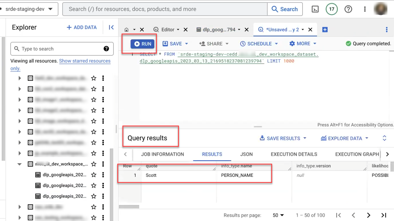 Big Query scan result