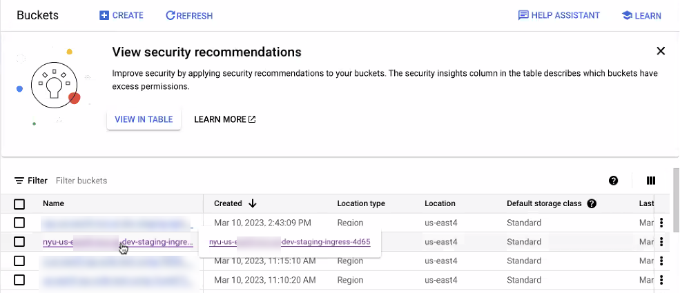 GCP Cloud Storage staging ingress buckets